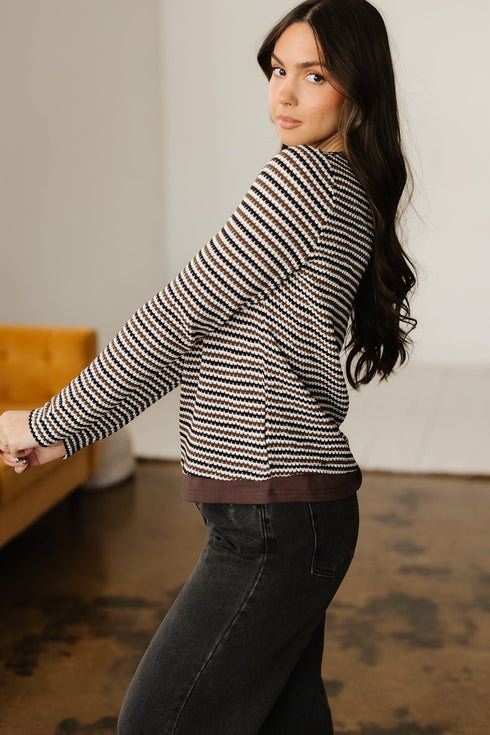 Textured Stripe Split Neck Long Sleeve Top
