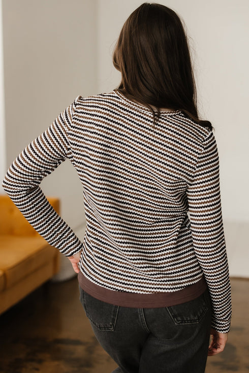 Textured Stripe Split Neck Long Sleeve Top