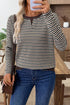 Textured Stripe Split Neck Long Sleeve Top