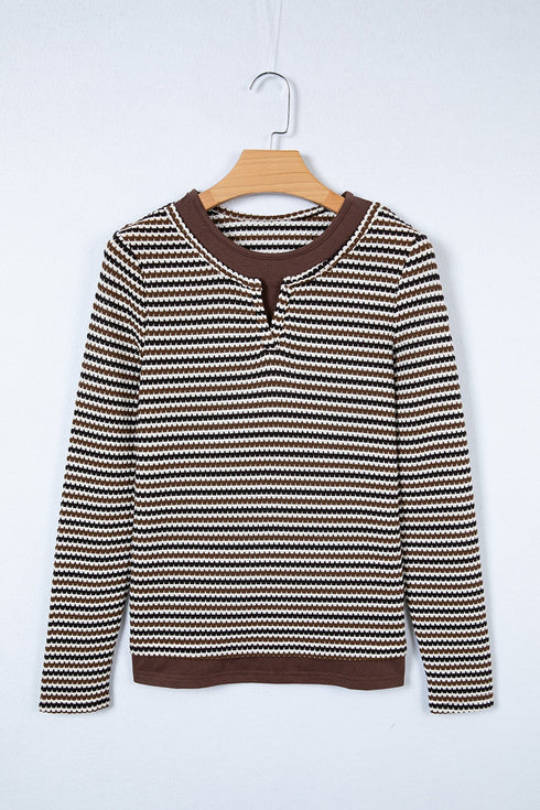 Textured Stripe Split Neck Long Sleeve Top