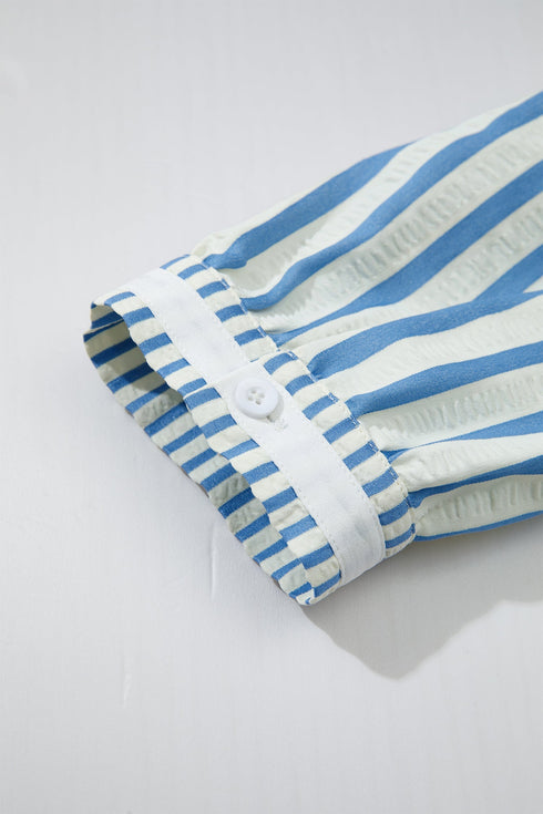 Textured Stripe Three Quarter Sleeve Collared Blouse