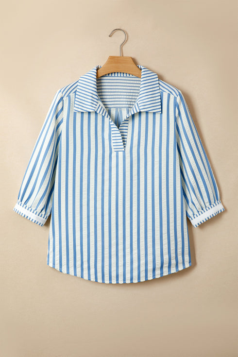 Textured Stripe Three Quarter Sleeve Collared Blouse