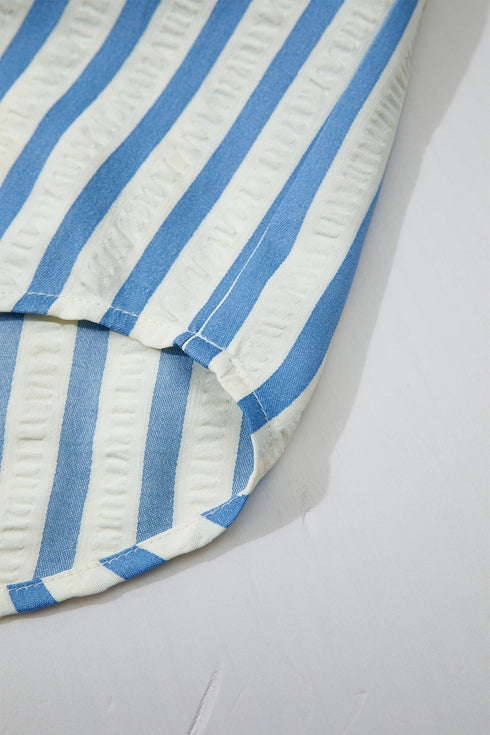 Textured Stripe Three Quarter Sleeve Collared Blouse