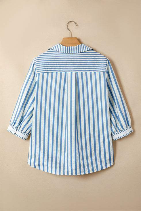 Textured Stripe Three Quarter Sleeve Collared Blouse