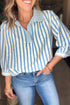 Textured Stripe Three Quarter Sleeve Collared Blouse