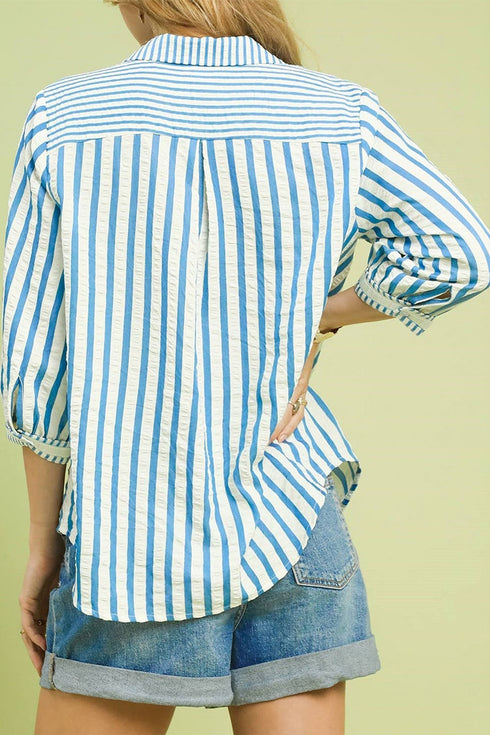 Textured Stripe Three Quarter Sleeve Collared Blouse