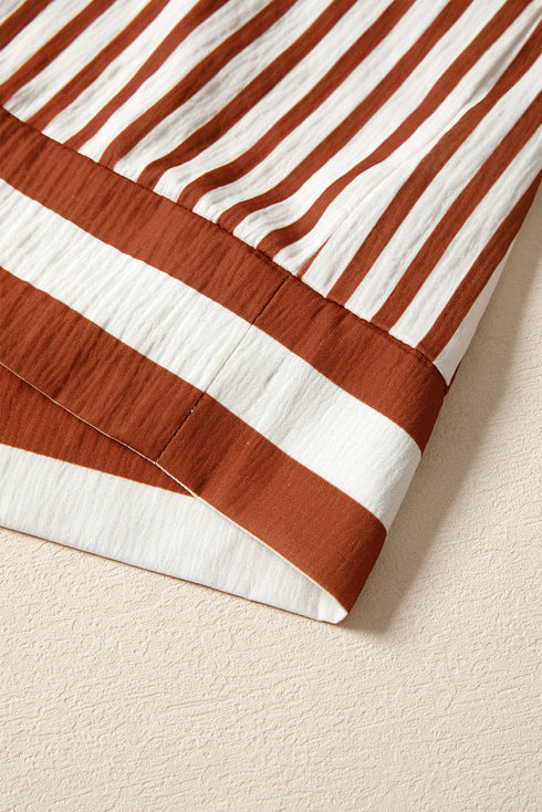 Textured Stripe Tie V Neck Long Sleeve Babydoll Blouse