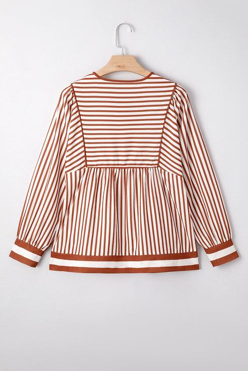Textured Stripe Tie V Neck Long Sleeve Babydoll Blouse
