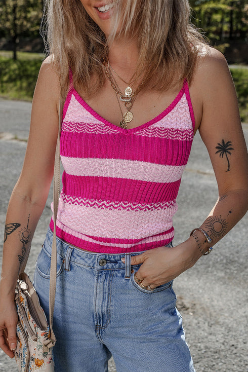 Textured Stripe V Neck Knit Cami Top