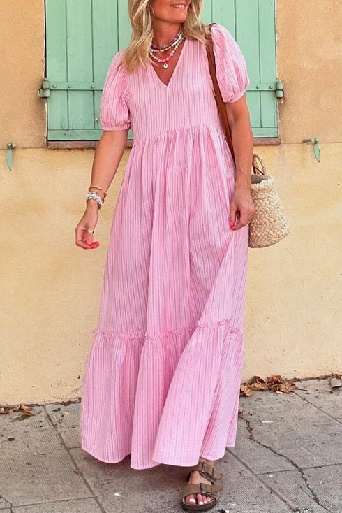 Textured Stripe V Neck Puff Sleeve A Line Maxi Dress