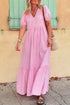 Textured Stripe V Neck Puff Sleeve A Line Maxi Dress