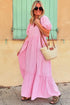 Textured Stripe V Neck Puff Sleeve A Line Maxi Dress