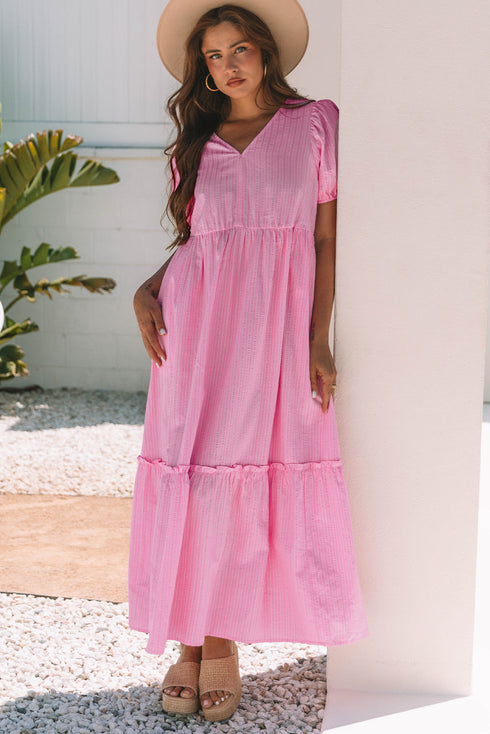 Textured Stripe V Neck Puff Sleeve A Line Maxi Dress