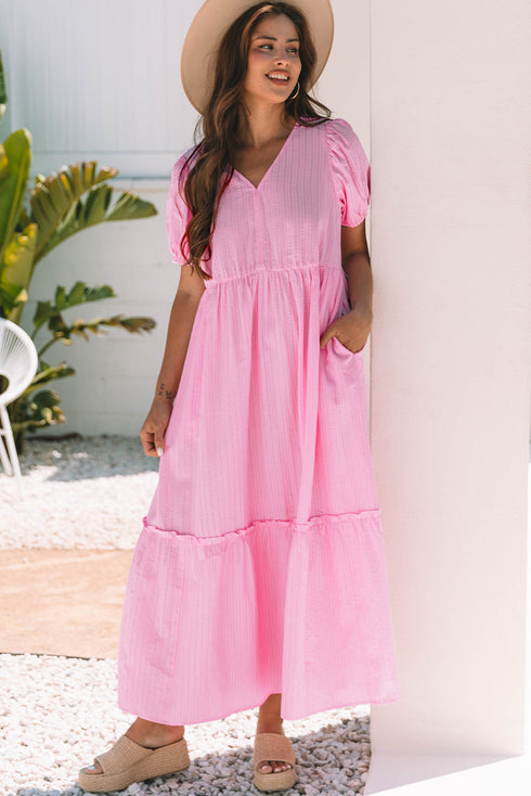 Textured Stripe V Neck Puff Sleeve A Line Maxi Dress