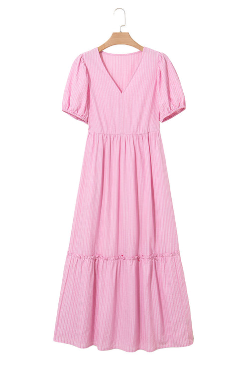 Textured Stripe V Neck Puff Sleeve A Line Maxi Dress