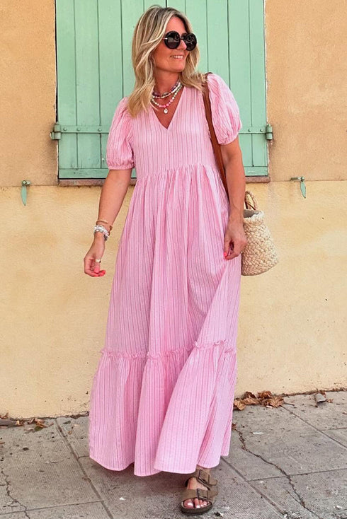 Textured Stripe V Neck Puff Sleeve A Line Maxi Dress