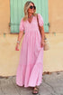 Textured Stripe V Neck Puff Sleeve A Line Maxi Dress