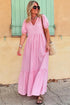 Textured Stripe V Neck Puff Sleeve A Line Maxi Dress