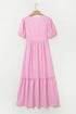 Textured Stripe V Neck Puff Sleeve A Line Maxi Dress