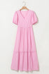 Textured Stripe V Neck Puff Sleeve A Line Maxi Dress