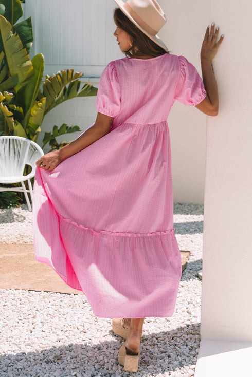 Textured Stripe V Neck Puff Sleeve A Line Maxi Dress