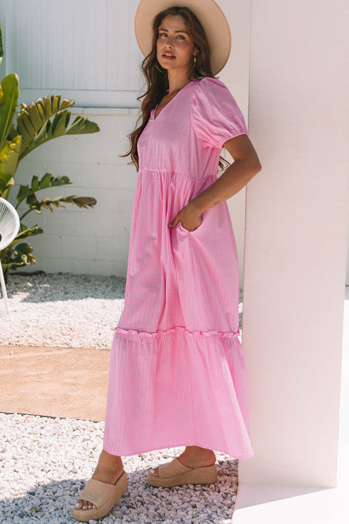 Textured Stripe V Neck Puff Sleeve A Line Maxi Dress