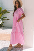 Textured Stripe V Neck Puff Sleeve A Line Maxi Dress