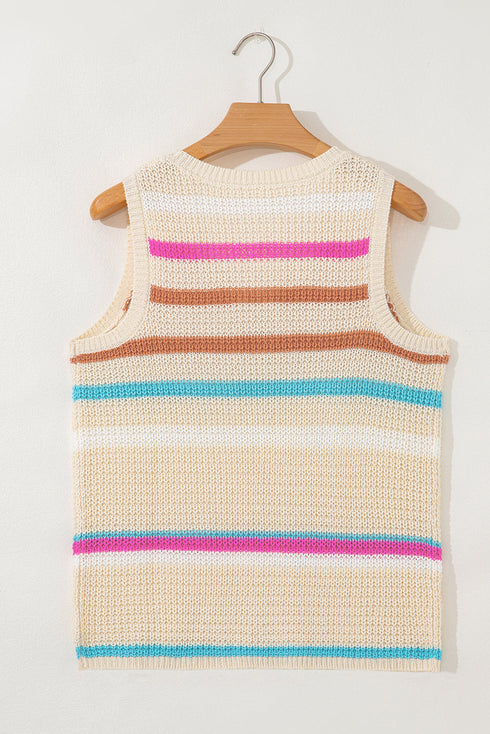 Textured Stripe V Neck Sleeveless Sweater Knit Top