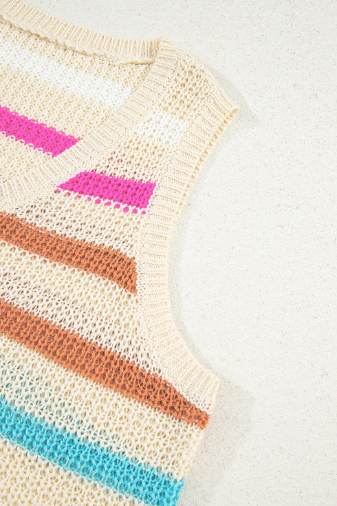 Textured Stripe V Neck Sleeveless Sweater Knit Top