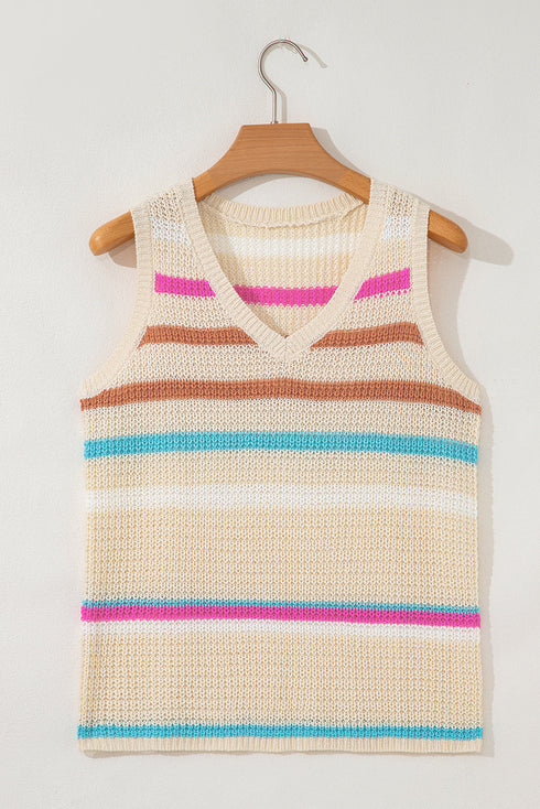 Textured Stripe V Neck Sleeveless Sweater Knit Top