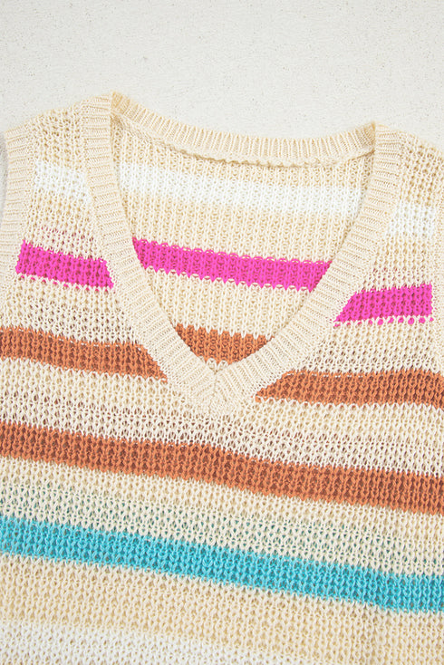 Textured Stripe V Neck Sleeveless Sweater Knit Top