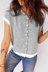 Textured Striped Button Front Collared Short Sleeve Knit Top