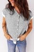 Textured Striped Button Front Collared Short Sleeve Knit Top