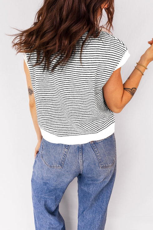 Textured Striped Button Front Collared Short Sleeve Knit Top