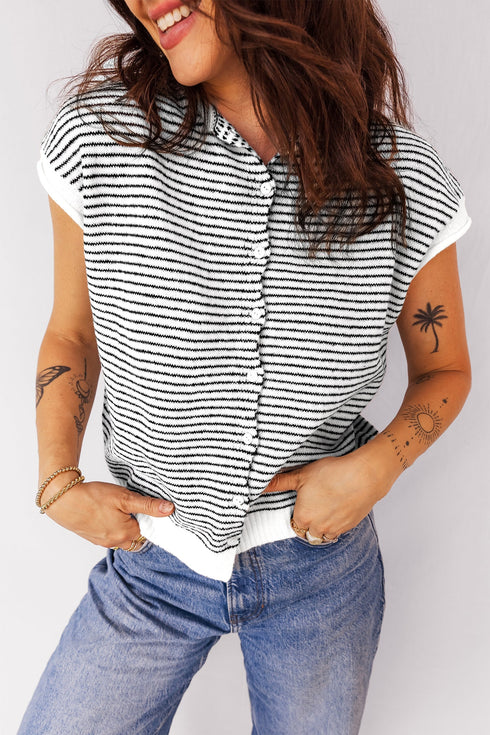 Textured Striped Button Front Collared Short Sleeve Knit Top