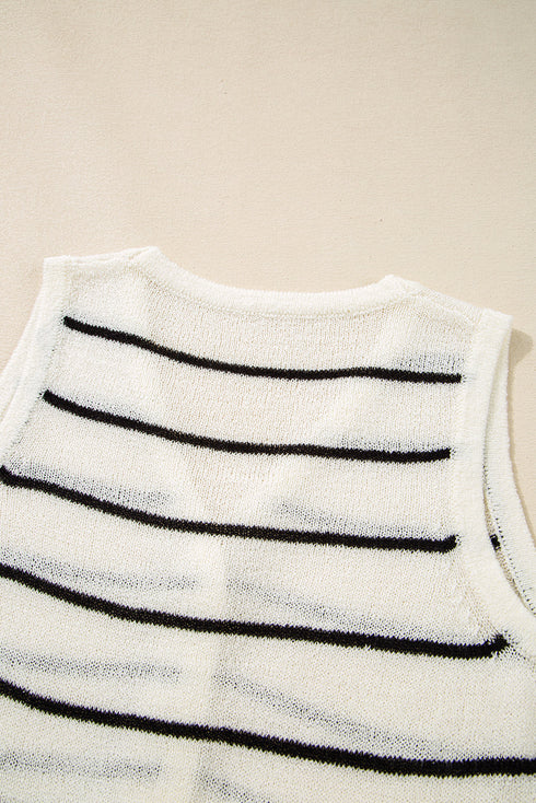 Textured Striped Button Front Sleeveless Knit Vest