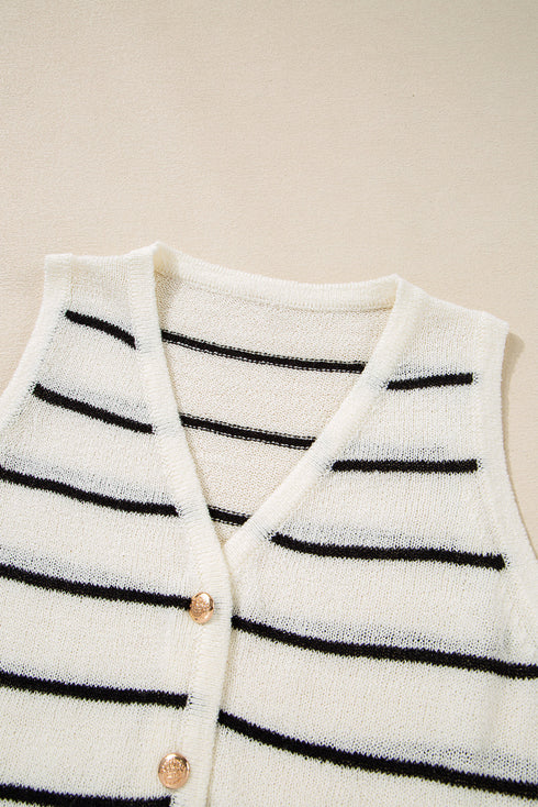 Textured Striped Button Front Sleeveless Knit Vest