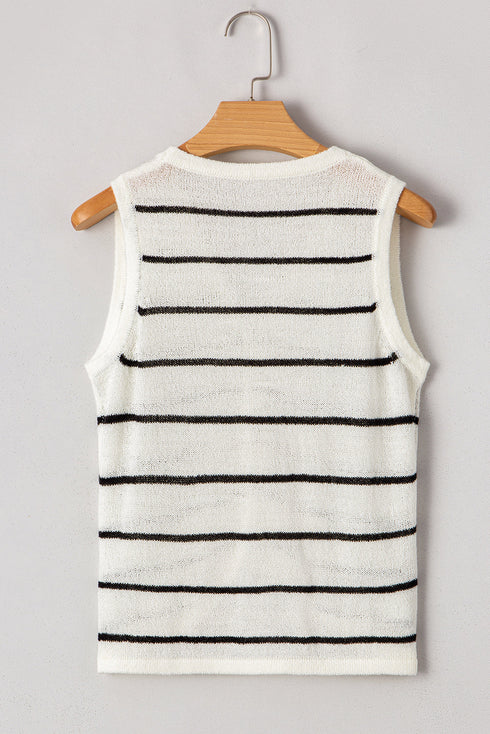 Textured Striped Button Front Sleeveless Knit Vest