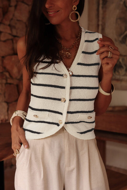 Textured Striped Button Front Sleeveless Knit Vest