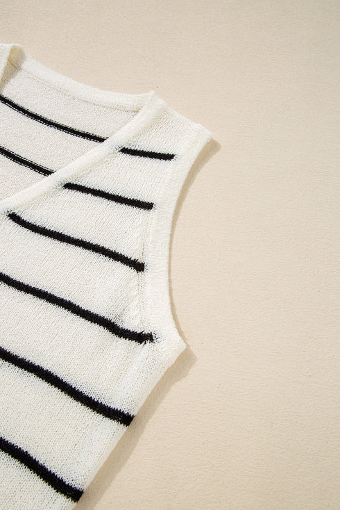 Textured Striped Button Front Sleeveless Knit Vest