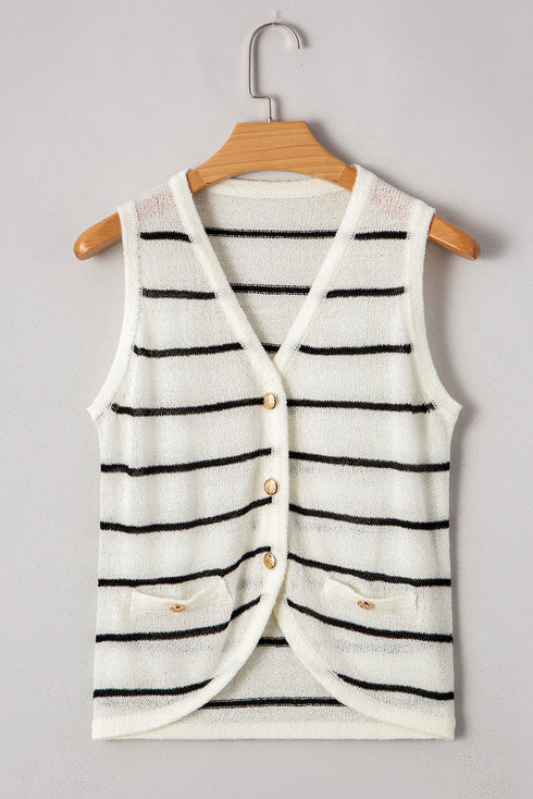 Textured Striped Button Front Sleeveless Knit Vest