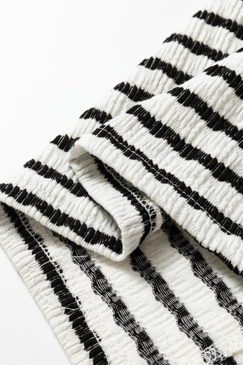 Textured Striped Button Tab V Neck Top
