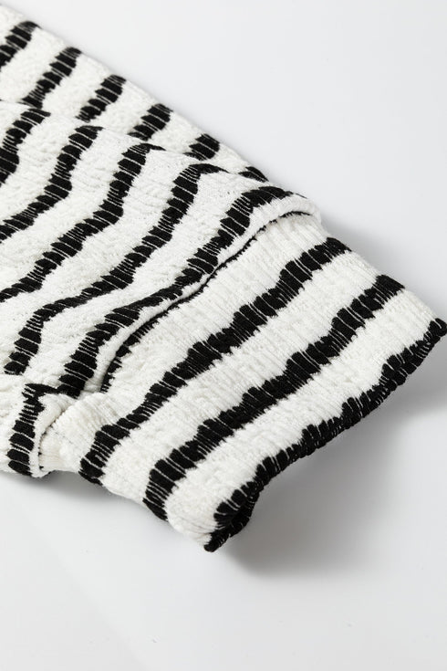 Textured Striped Button Tab V Neck Top