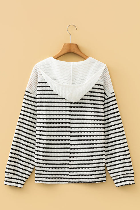 Textured Striped Button Tab V Neck Top