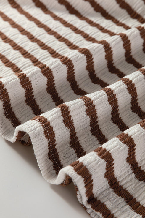 Textured Striped Button Tab V Neck Top