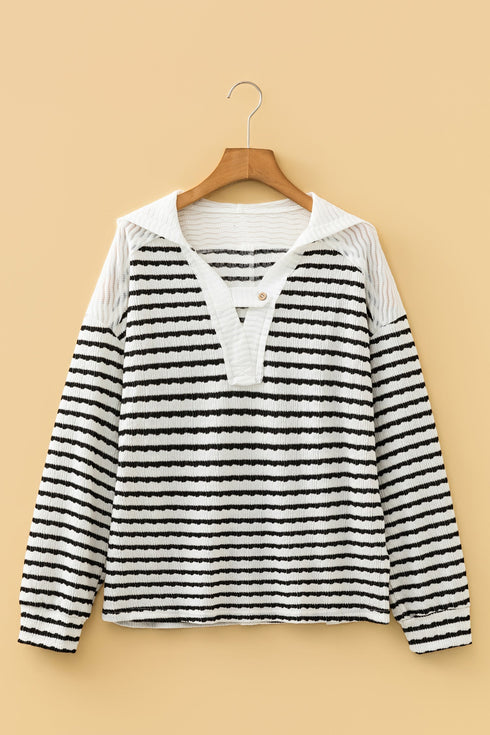 Textured Striped Button Tab V Neck Top