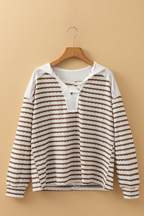 Textured Striped Button Tab V Neck Top
