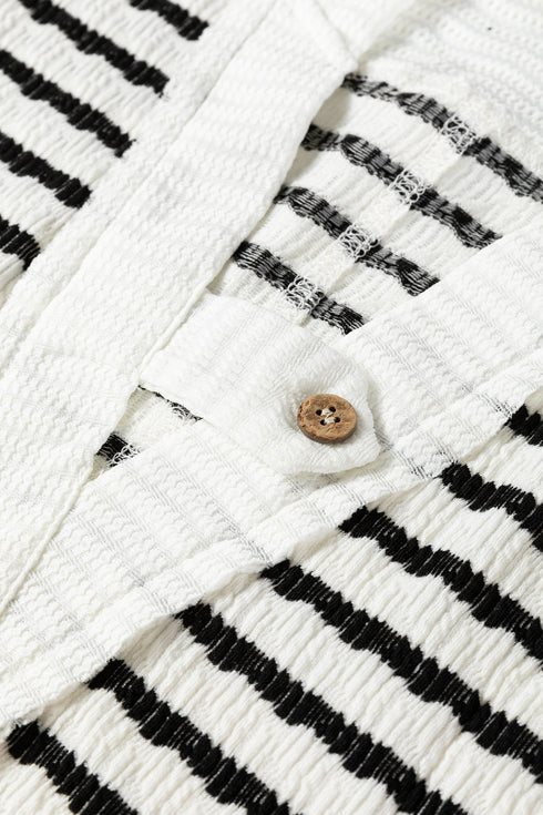Textured Striped Button Tab V Neck Top