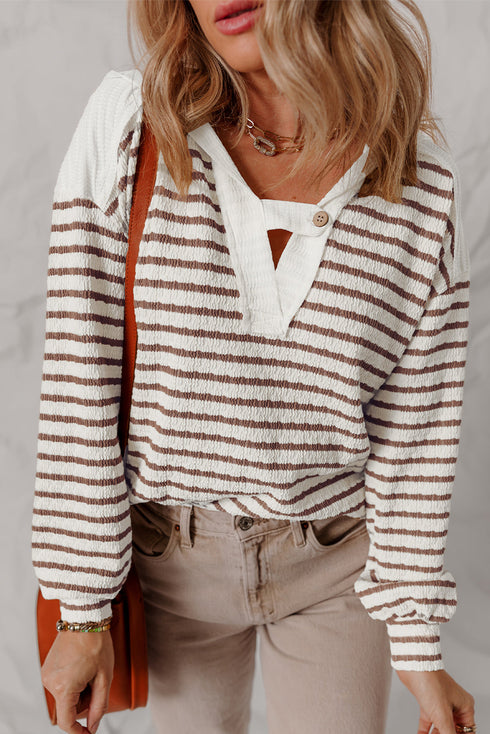 Textured Striped Button Tab V Neck Top
