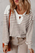 Textured Striped Button Tab V Neck Top